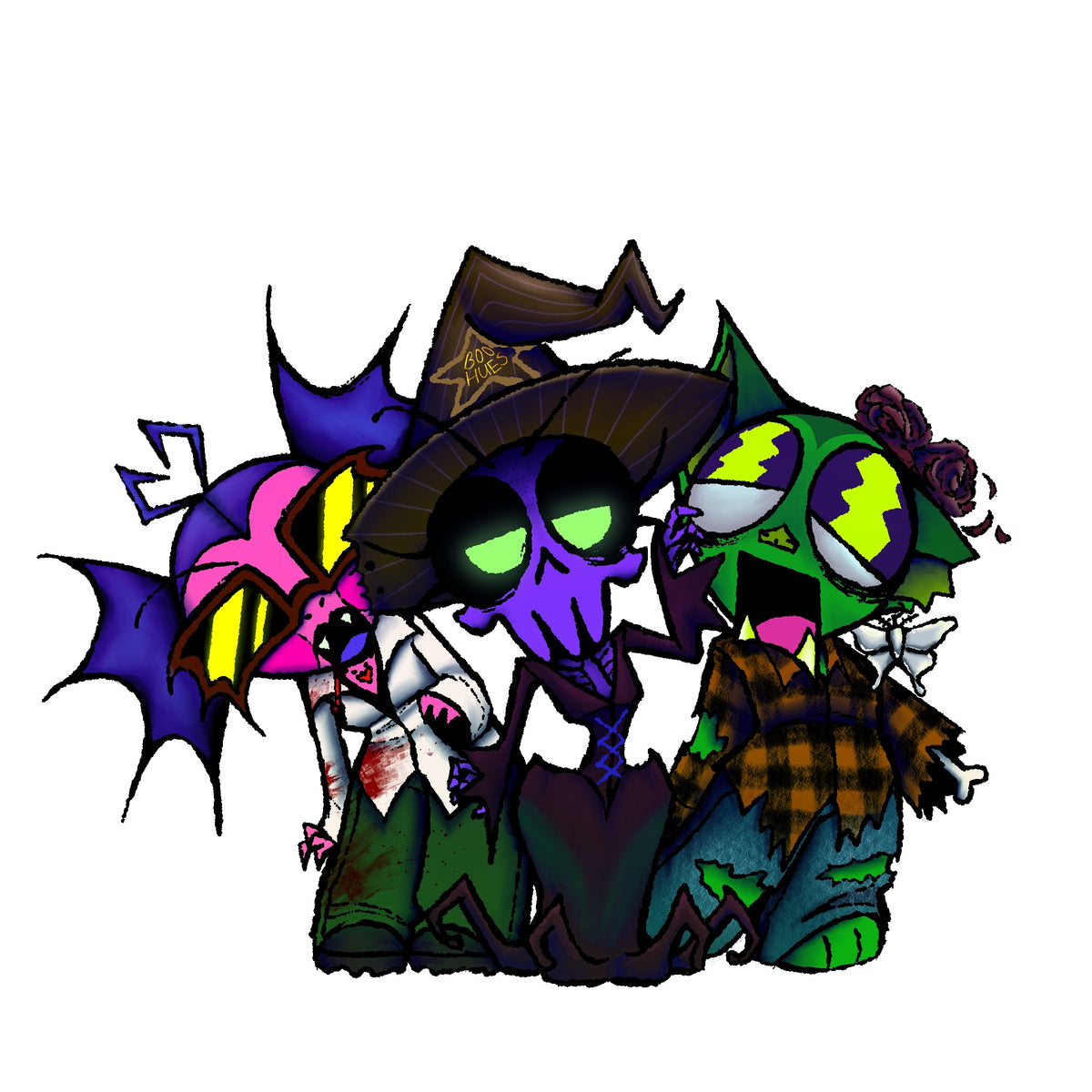 Halloween Skeleton, Vamp, and Goblin Sticker 2” x 2”