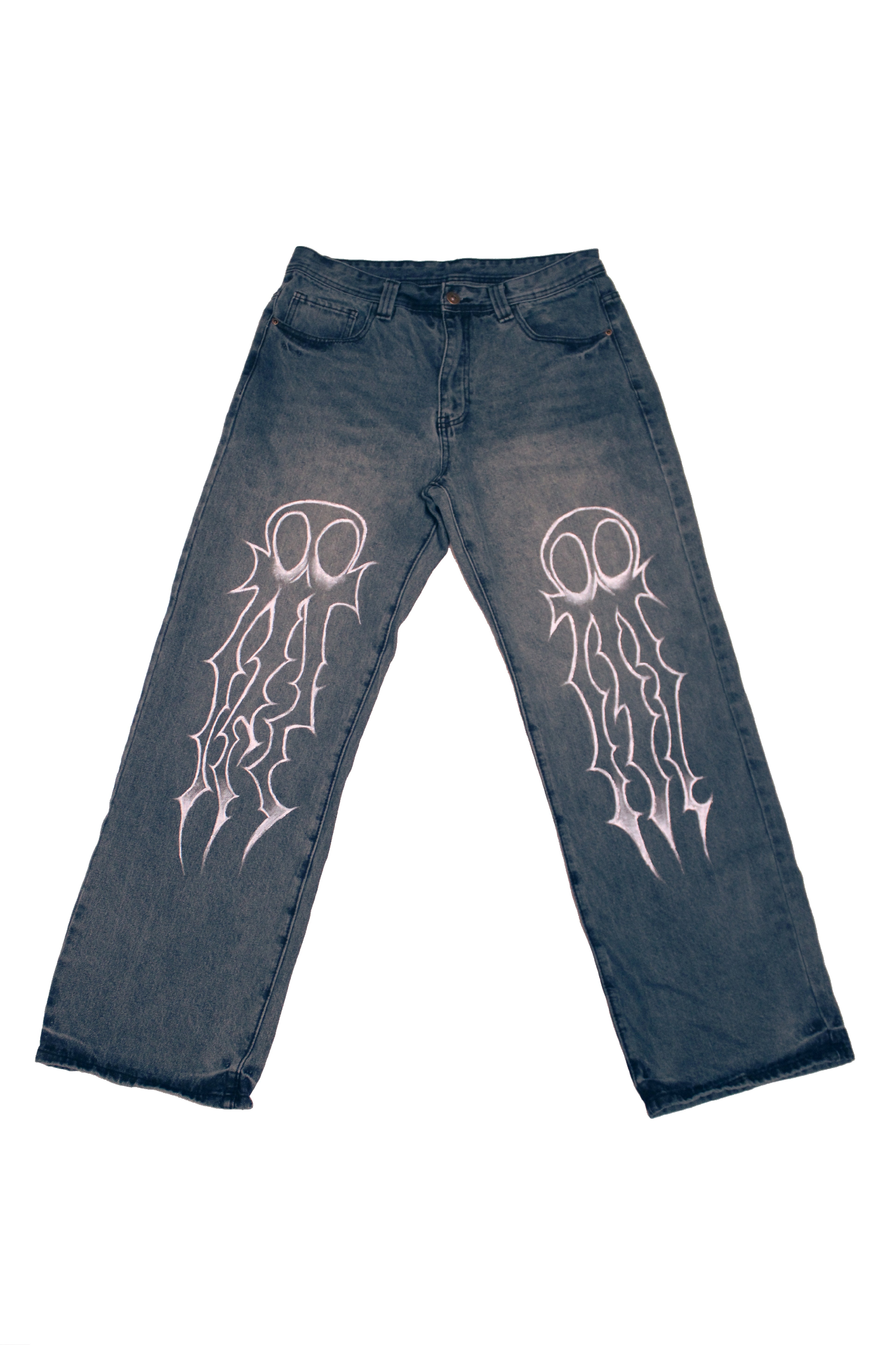 Painted Skull Acid Wash Baggy Blue Jeans